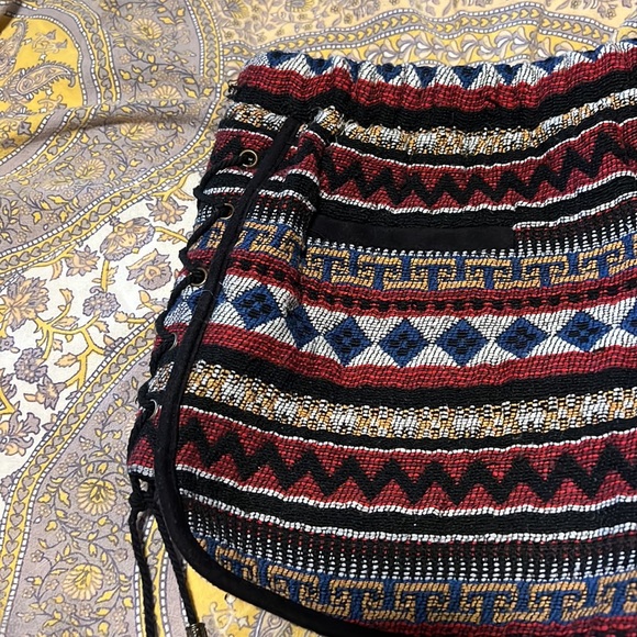 Paper Crane Tapestry Woven Fabric Bohemian Shorts with Corset Lacing and Tassels - Picture 6 of 8